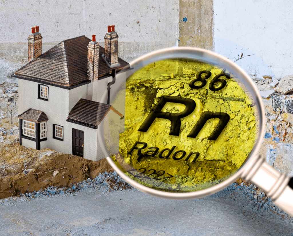 Magnifying glass on radon with home in the background