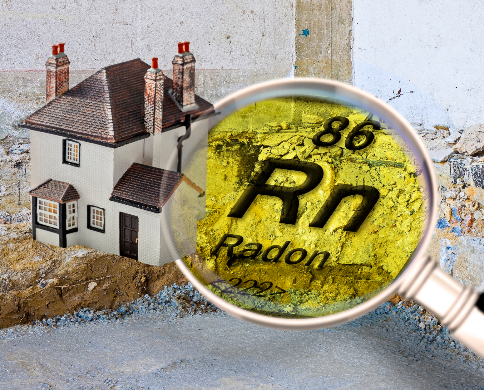 Magnifying glass on radon with home in the background