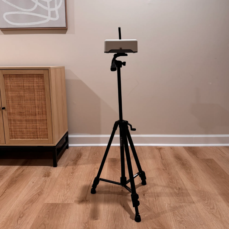 Radon testing machine on a tripod in a new home